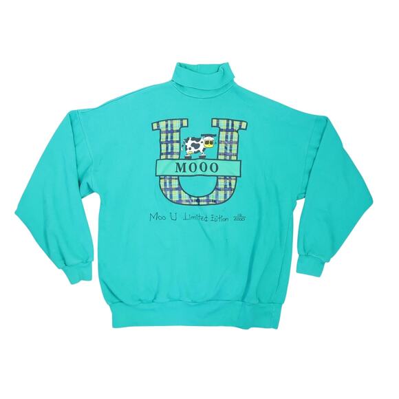 Vintage 90s/Y2K Limited Edition Teal Green Cow Moo U Turtleneck Sweatshirt XL - Picture 1 of 5